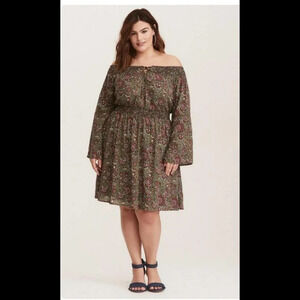 Torrid Multi Color Floral Off Shoulder Lace Up Challis Skater Dress